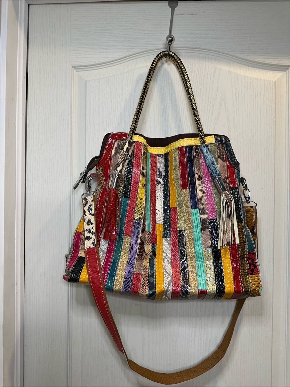 Multicolor Genuine Leather Tote Bag | tassels crossbody large capacity